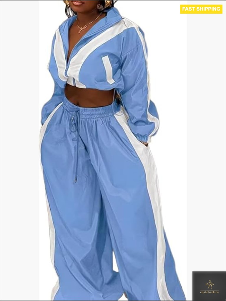Striped 2 Piece Track Suit Cropped Jacket Wide Leg Pants Y2k Retro Windbreaker